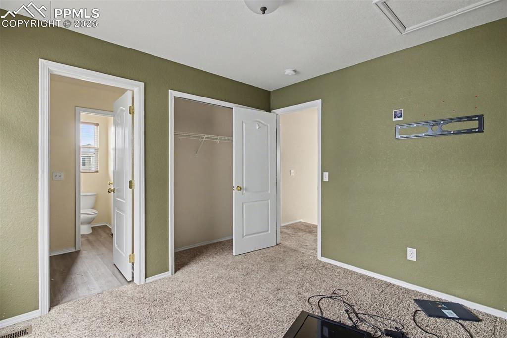 Unfurnished bedroom with light colored carpet, a closet, and a textured wall