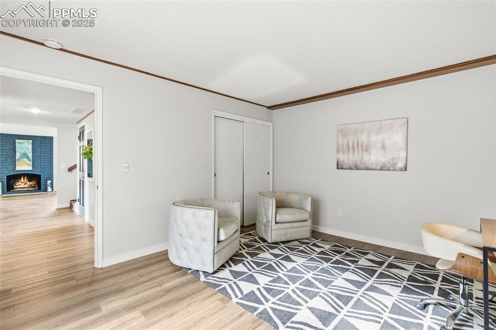Living area with crown molding, light wood-style flooring, and a fireplace