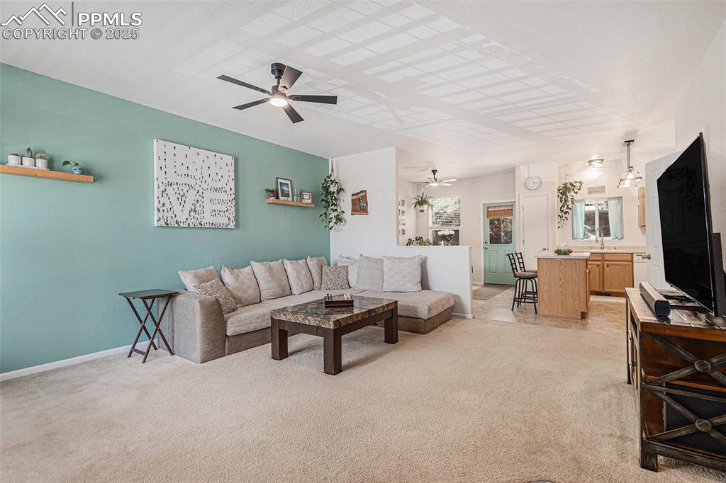 Spacious carpeted Living room with updated ceiling fan