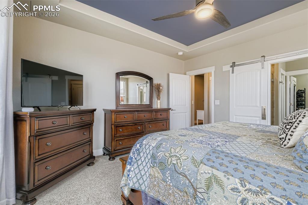Showing the recessed ceiling and barn door onsuite 