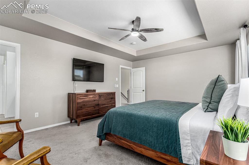 Carpeted bedroom featuring a raised ceiling and a ceiling fan