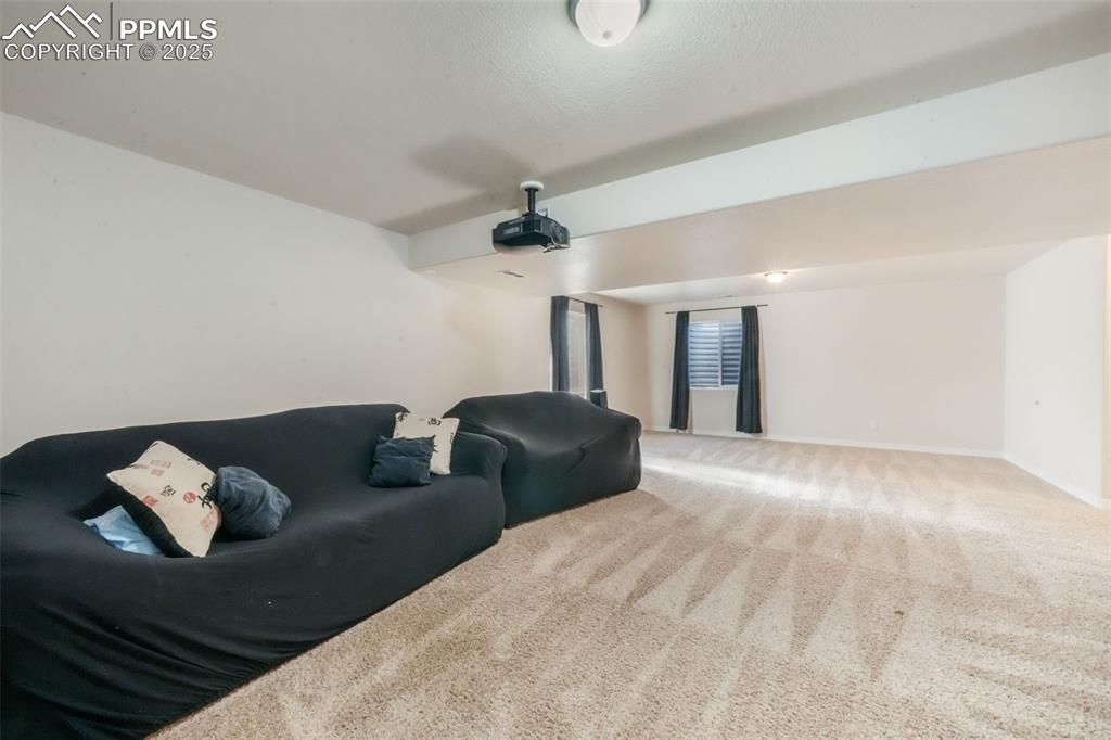 Cinema room with carpet and baseboards