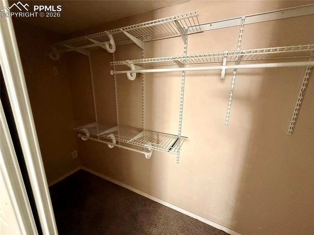Walk in closet featuring dark colored carpet