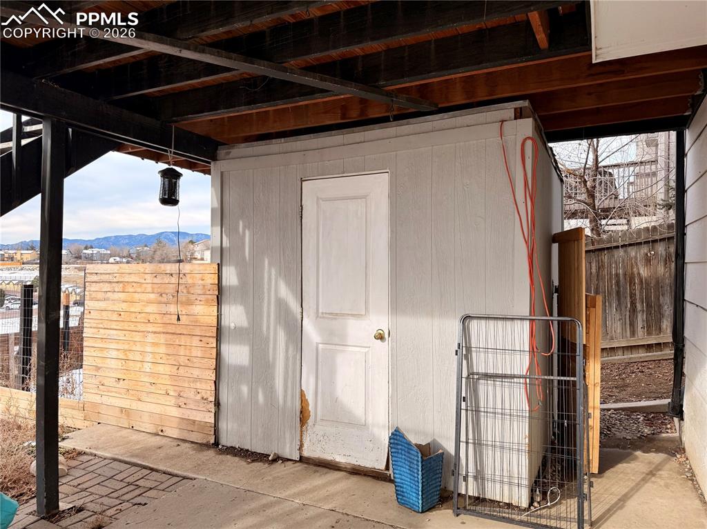 View of shed featuring a mountain view