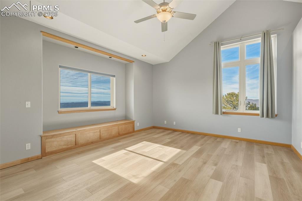Spare room with light wood-style flooring, healthy amount of natural light, a ceiling fan, and high vaulted ceiling