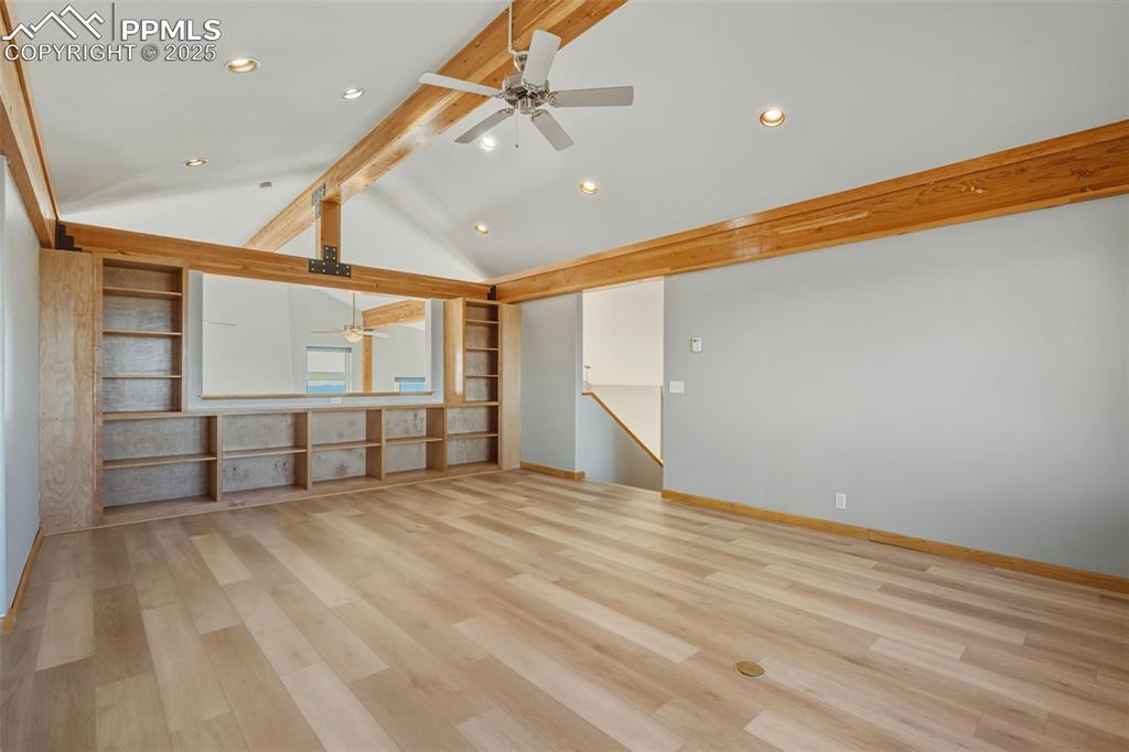 Spare room with ceiling fan, recessed lighting, and light wood-style floors