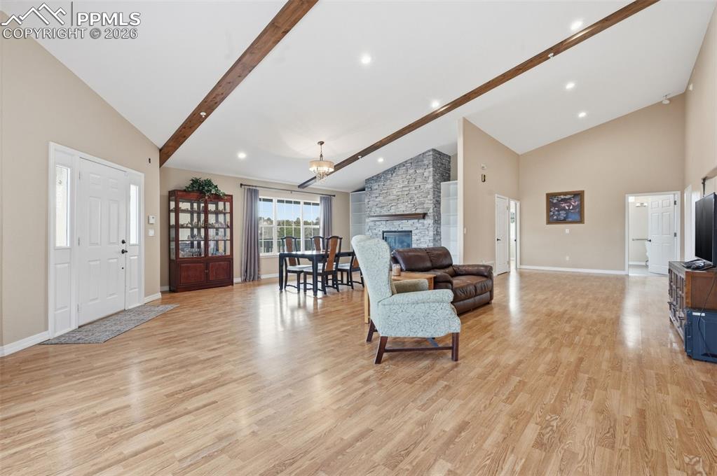 Great Room with beamed ceiling