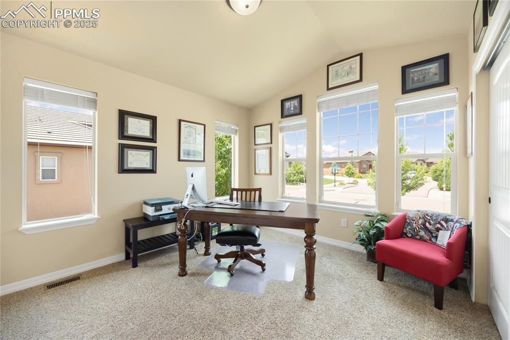 Bedroom or Office space with lofted ceiling and carpet floors