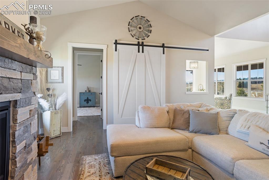 view of media area with barn door closed