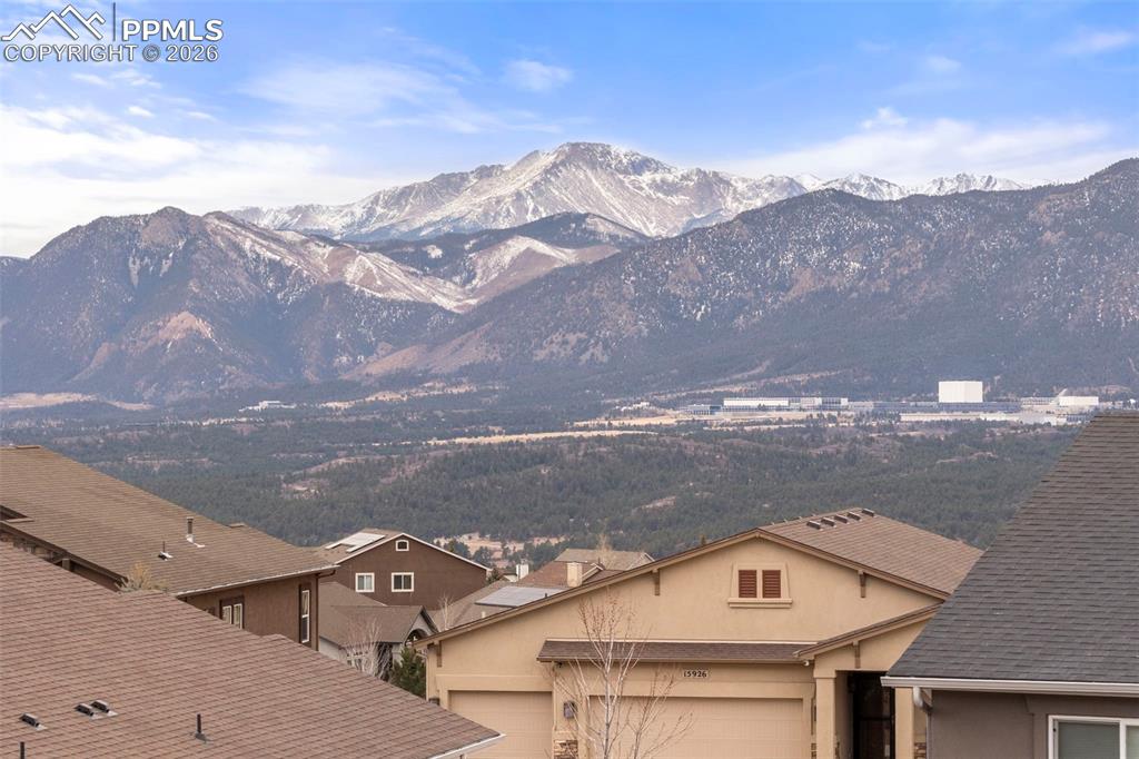View of Pikes Peak from the top of sitting area in the backyard