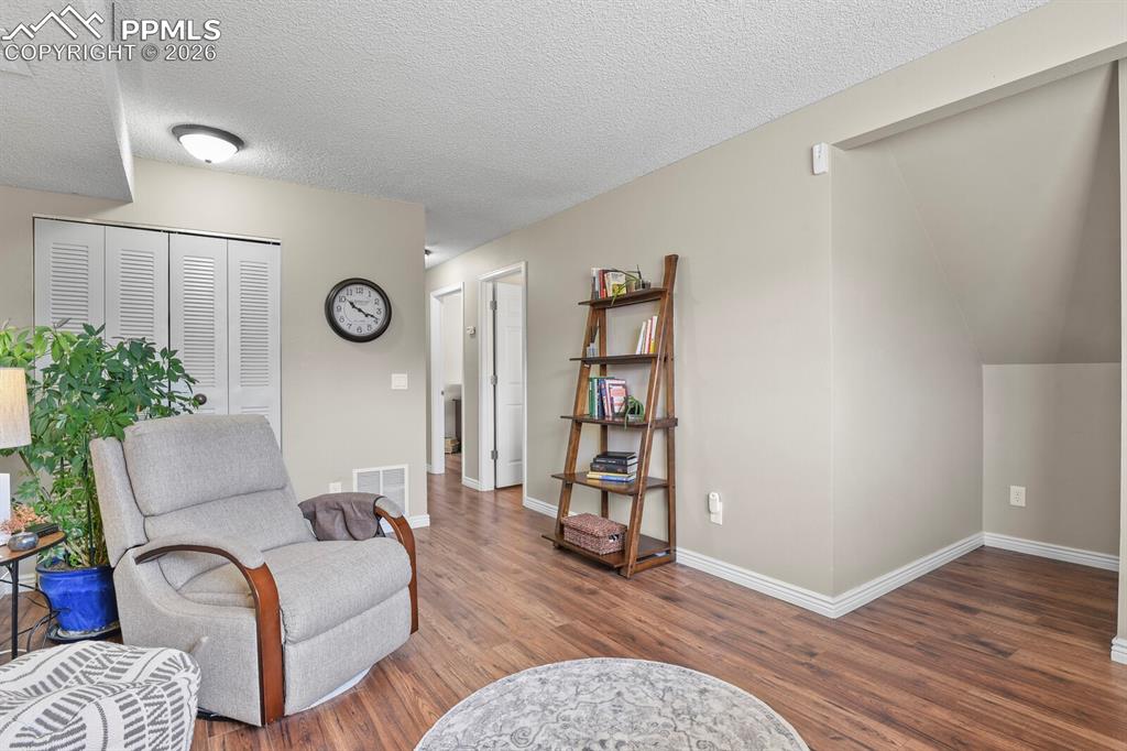 Living area with dark wood-type flooring and a textured ceiling