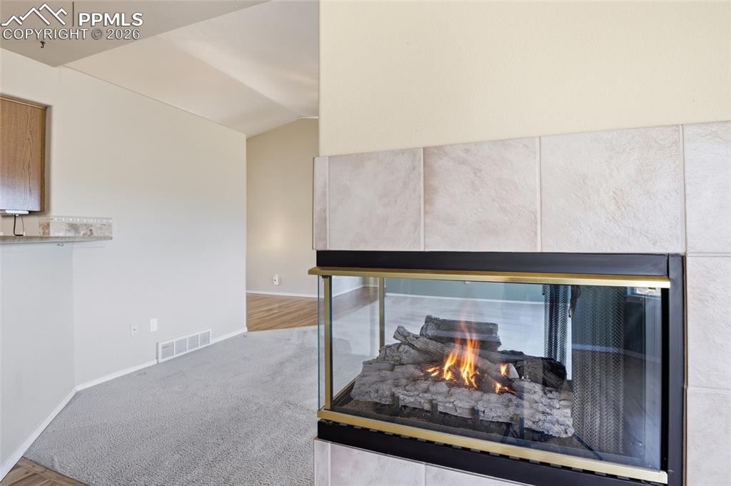 Detailed view of carpet floors, a multi sided fireplace, and an outdoor fire pit