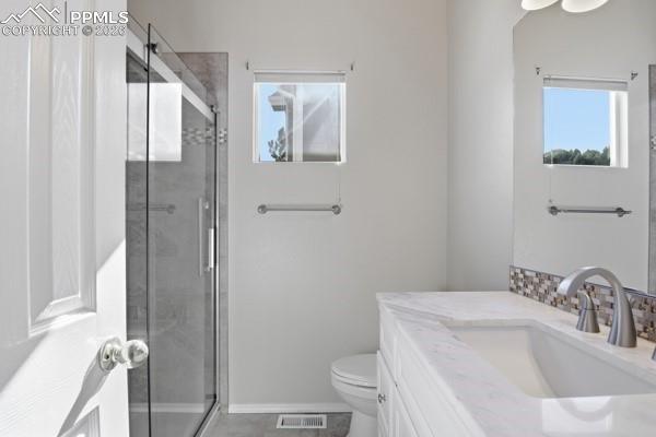 Full bath featuring vanity, a shower stall, and plenty of natural light