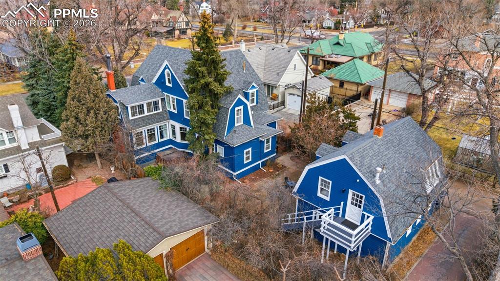 Aerial view of Main House and ADU over Garage