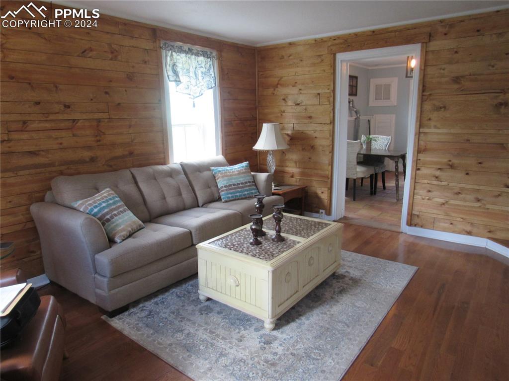 Living room featuring wood walls and dark hardwood / wood-style flooring