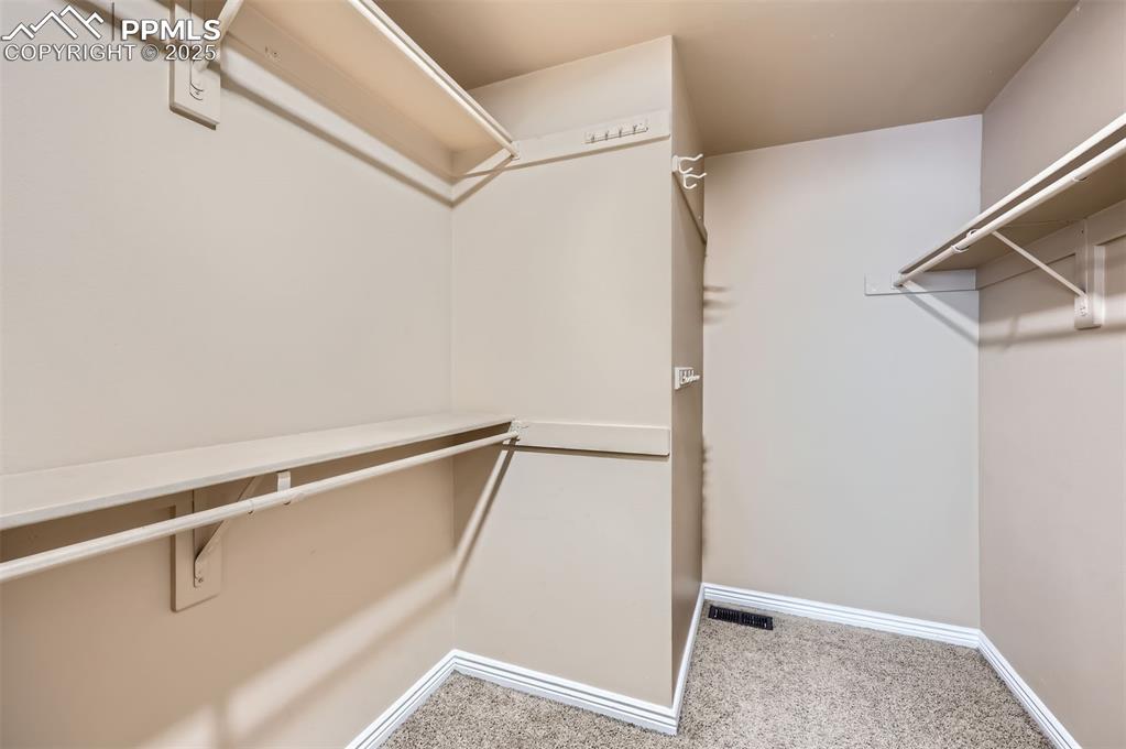 Spacious master closet with carpet flooring
