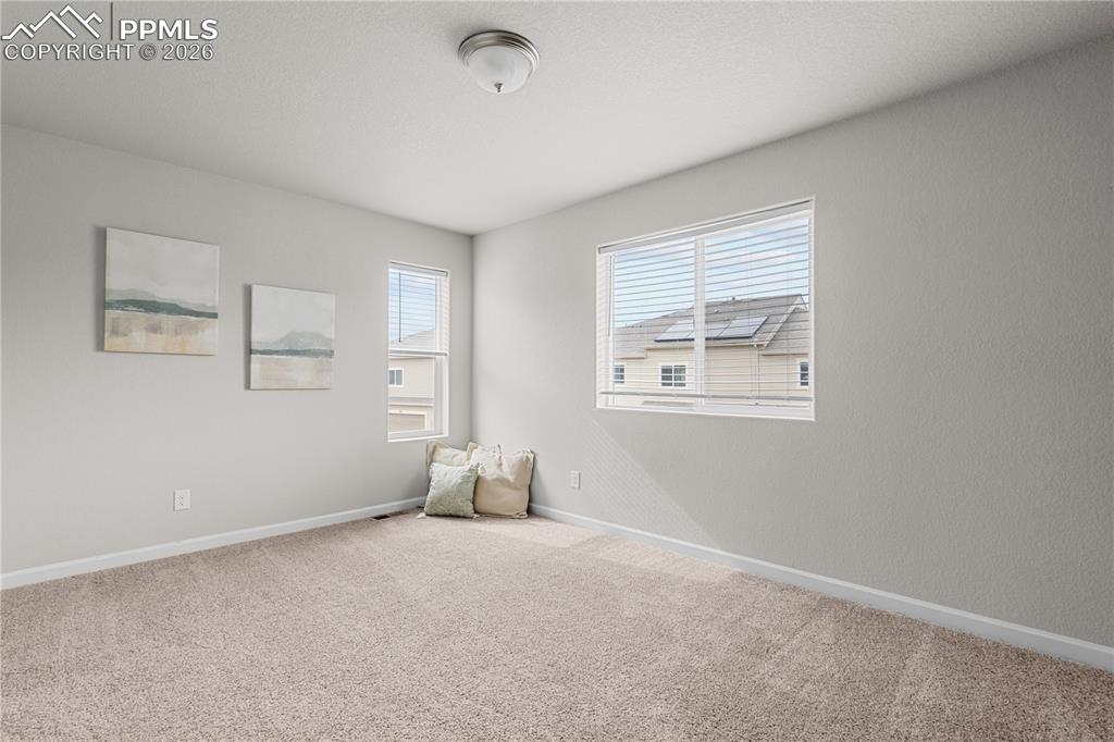 The primary bedroom is large and bright.