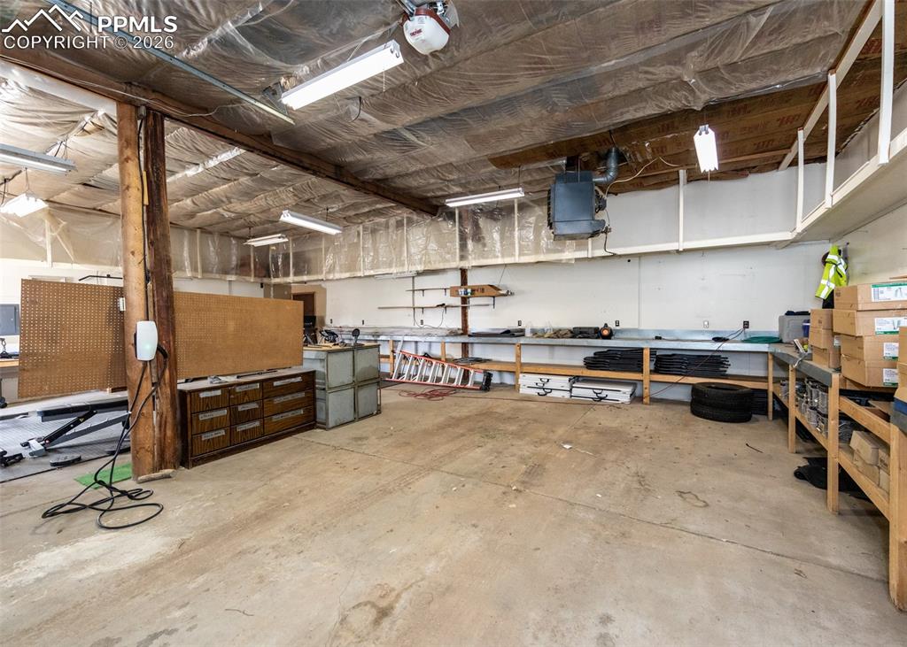 Garage with a workshop area