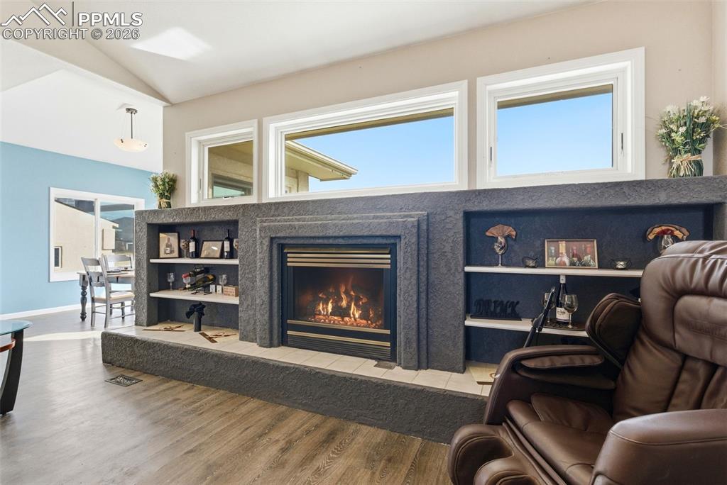 Living area featuring a fireplace and built in shelves