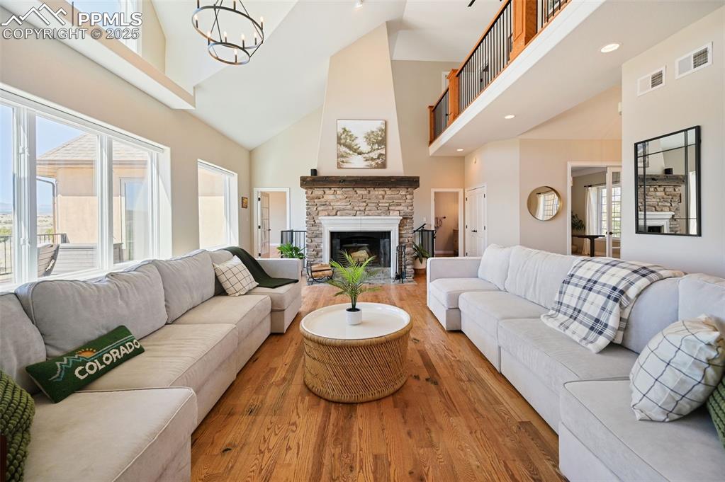 The stone fireplace is cozy yet elevated.