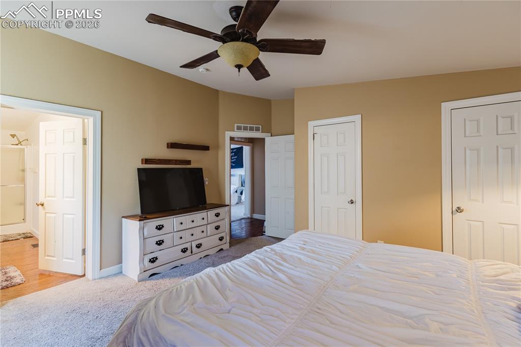 Bedroom with carpet floors, a ceiling fan, multiple closets, and ensuite bath
