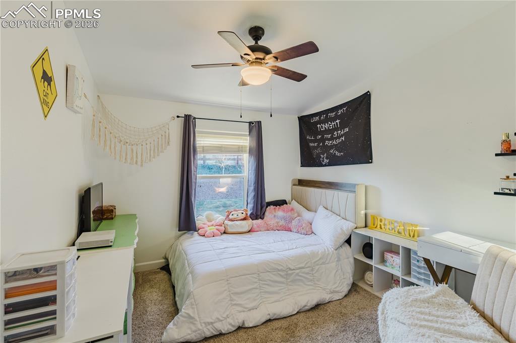 Carpeted bedroom featuring a ceiling fan
