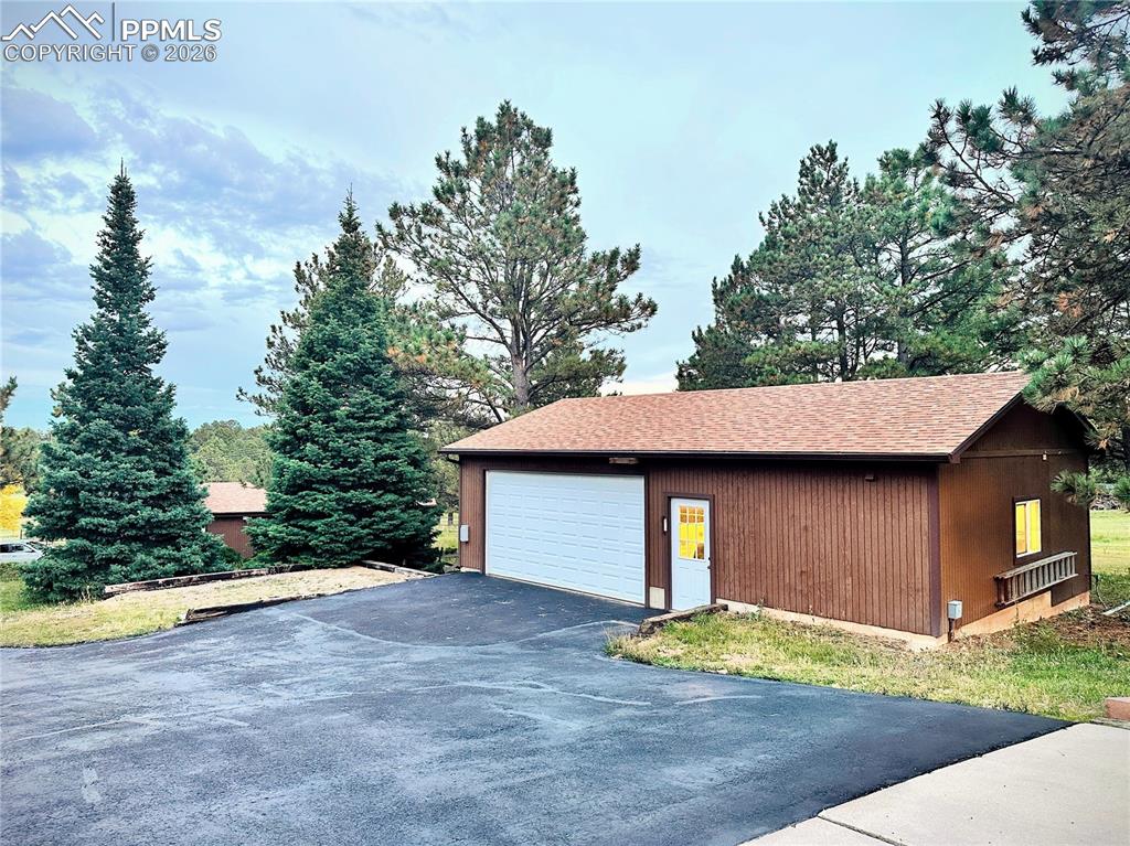 View of detached garage