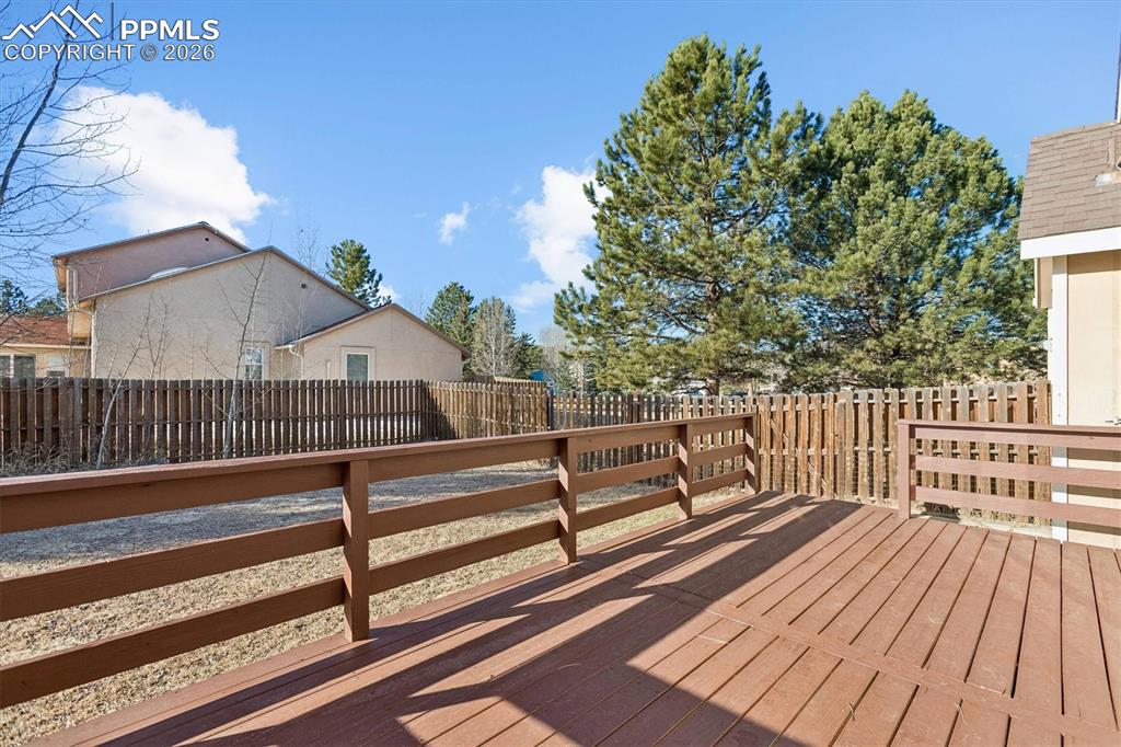 Wooden deck featuring a fenced backyard