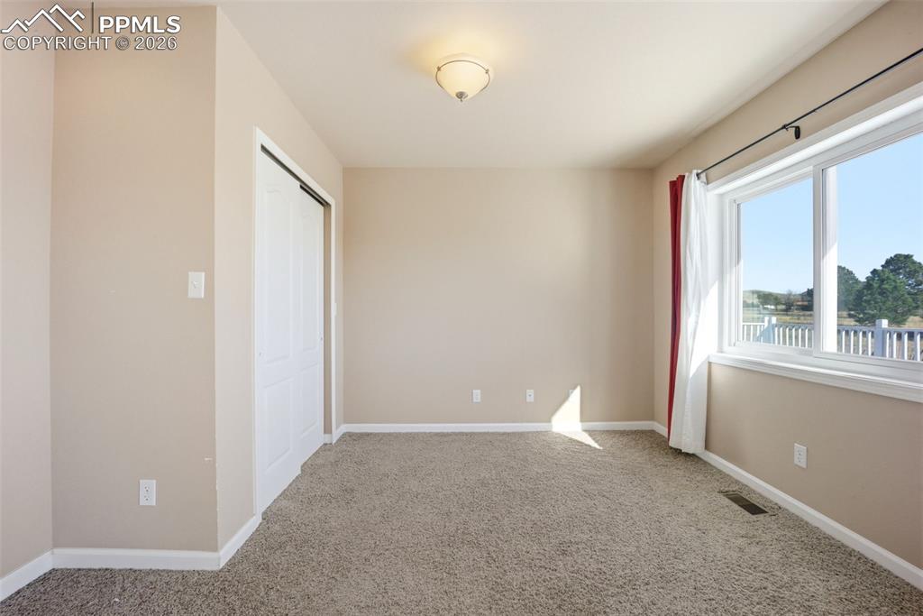 Main level bedroom or office, with a closet and carpet