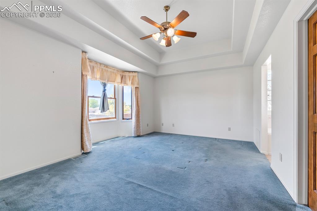 Unfurnished room featuring a ceiling fan, carpet, and a tray ceiling
