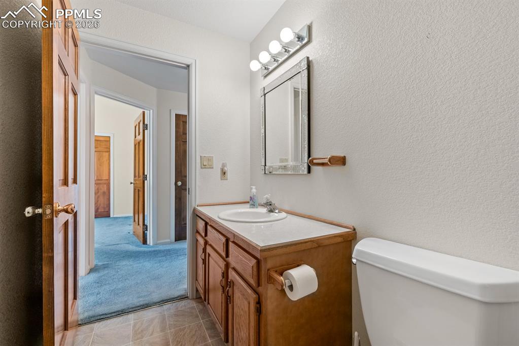 Bathroom featuring vanity, a textured wall, and light carpet