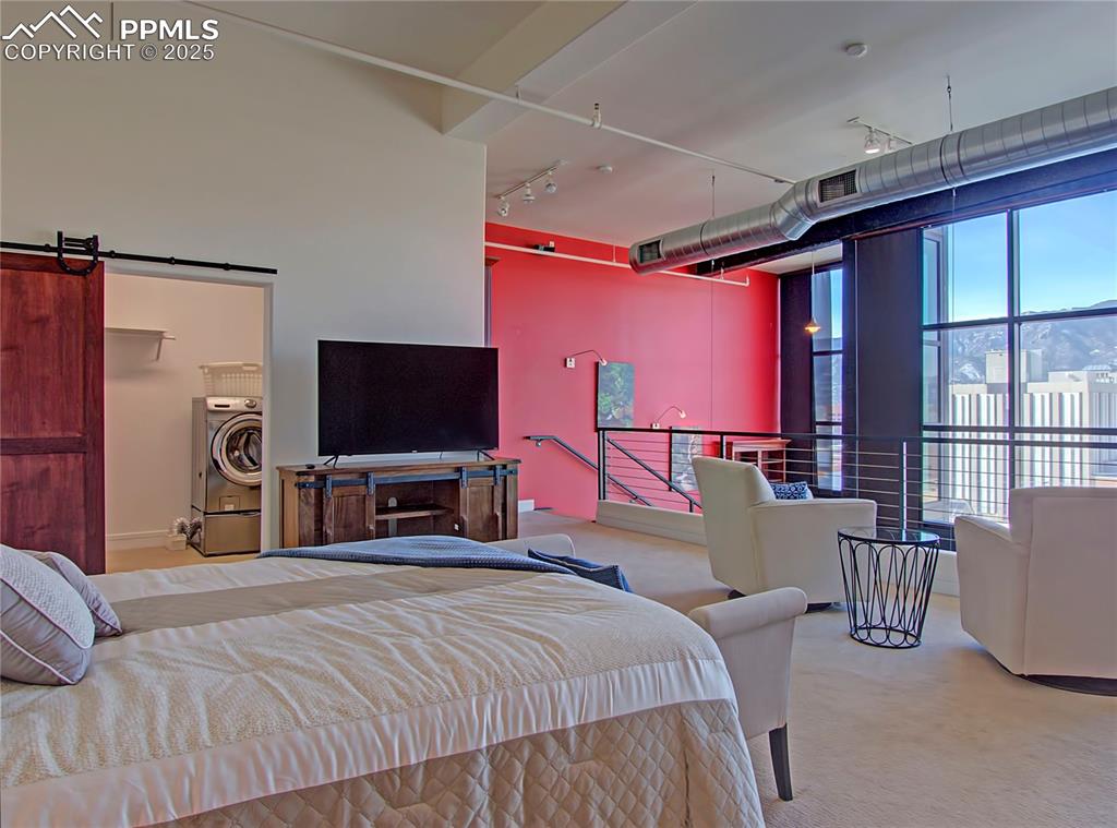 Bedroom featuring rail lighting, washer / dryer, a barn door, carpet floors, and expansive windows