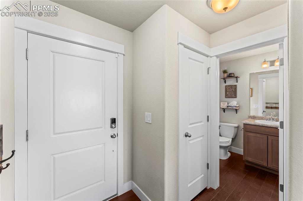 Foyer with dark wood-type flooring