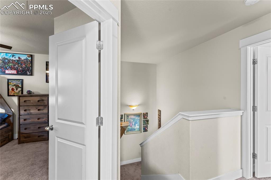 Stairway with carpet flooring and baseboards