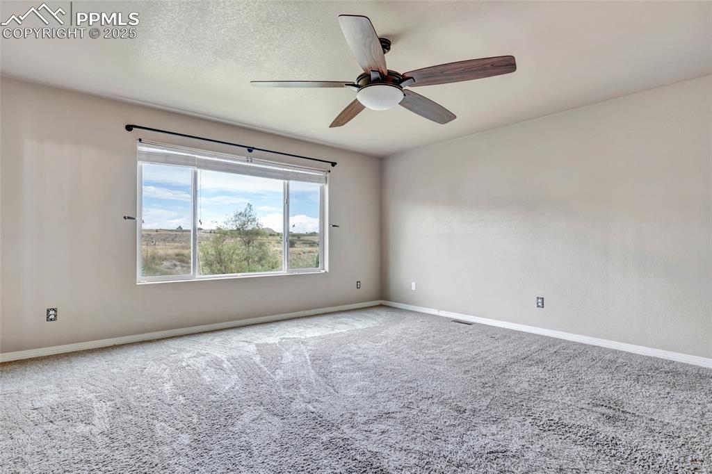 Unfurnished Master Bedoom with carpet floors, a ceiling fan, and a textured ceiling