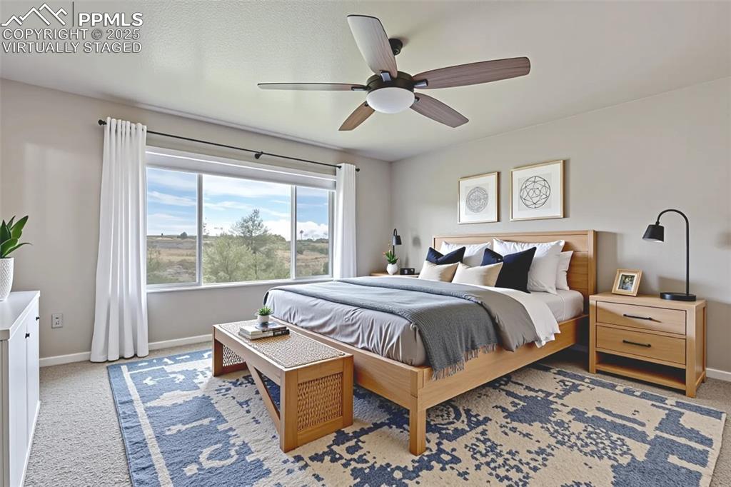 Virtually Staged - Master Bedroom with carpet and ceiling fan