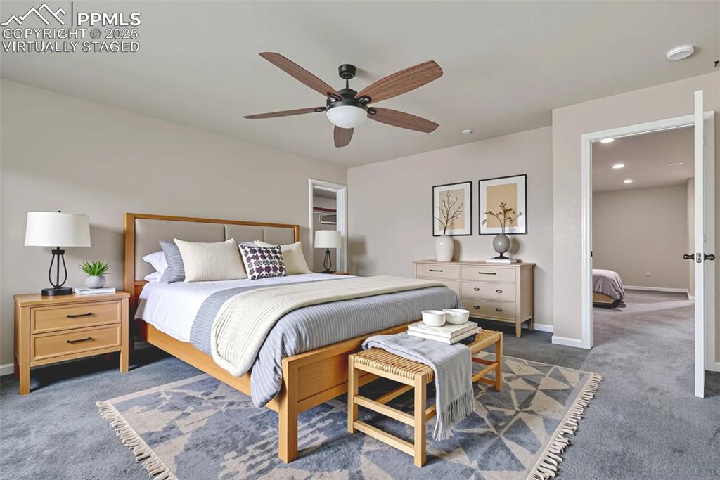 Virtually Staged - Master Bedroom with carpet floors, a ceiling fan, and recessed lighting