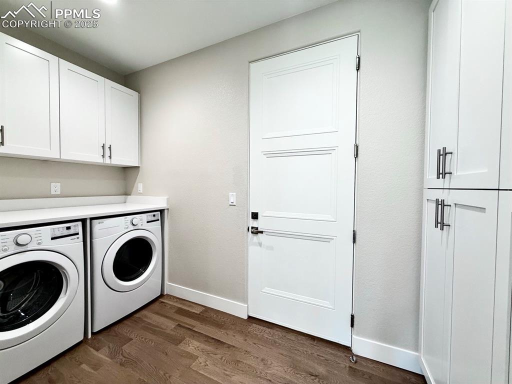 Laundry Room and Pantry with Quartz Folding Counter and Wood Flooring.