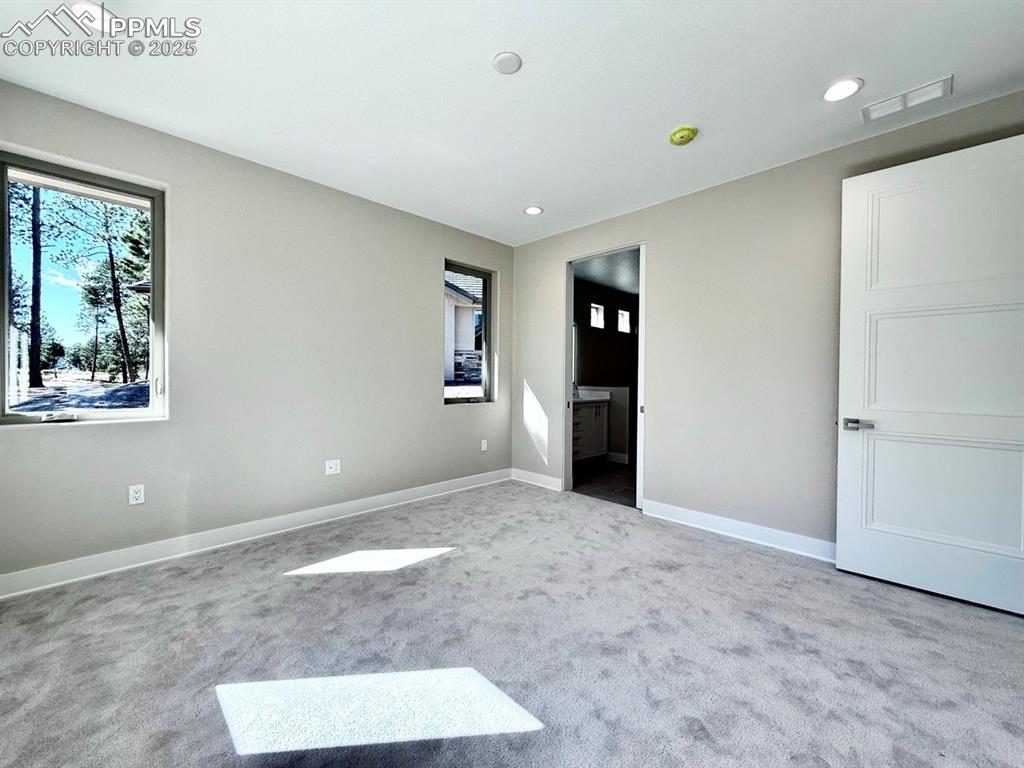 Main Level Primary Suite with Large Windows into the Forest and Carpeting.